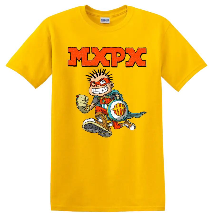 MxPx punk rock graphic with comic skateboarder and distressed orange lettering on a Daisy (Yellow) T Shirt