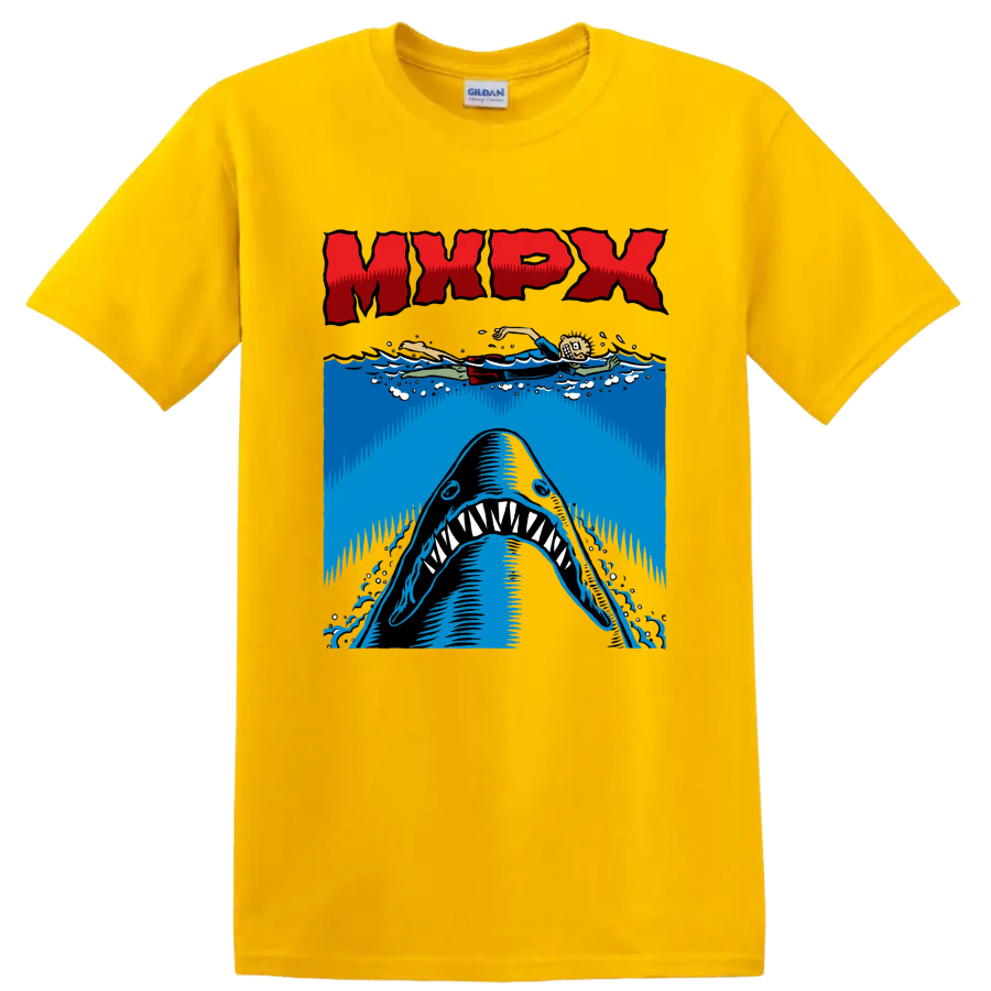 MxPx punk rock shark graphic with swimmer and ocean waves on a Daisy (Yellow) T Shirt