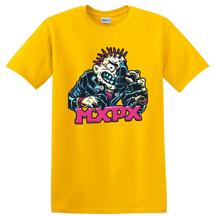 MxPx punk rock mohawked skeleton graphic with bold pink lettering on a Daisy (Yellow) T Shirt