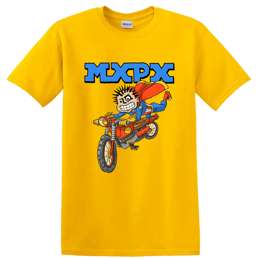 MxPx punk rock cartoon rider on dirt bike graphic on a Daisy (Yellow) T Shirt
