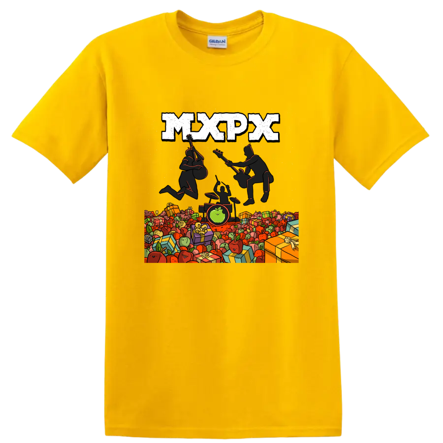 MxPx punk rock graphic with musicians, apples, and wrapped gifts on a Daisy (Yellow) T Shirt