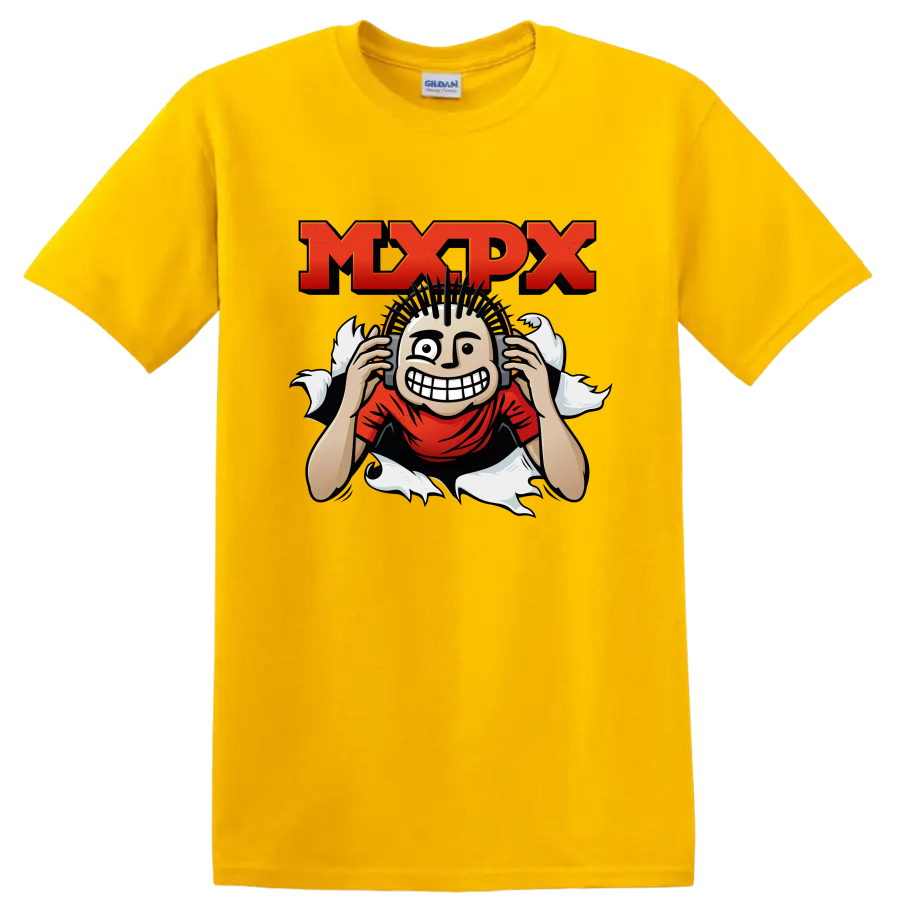 MxPx punk rock graphic with distressed lettering and grinning mohawk character on a Daisy (Yellow) T Shirt