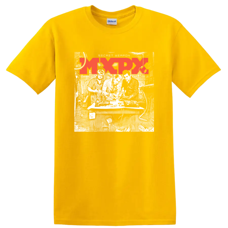 Distressed red MxPx punk rock band logo graphic on a Daisy (Yellow) T Shirt