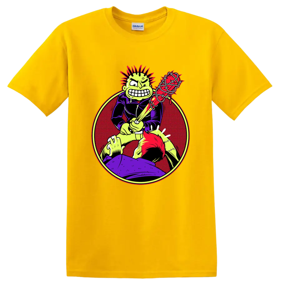 MxPx punk rock character with barbed wire bat graphic on a Daisy (Yellow) T Shirt