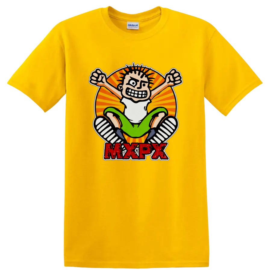 MxPx punk rock cartoon skateboard graphic with distressed red lettering on a Daisy (Yellow) T Shirt