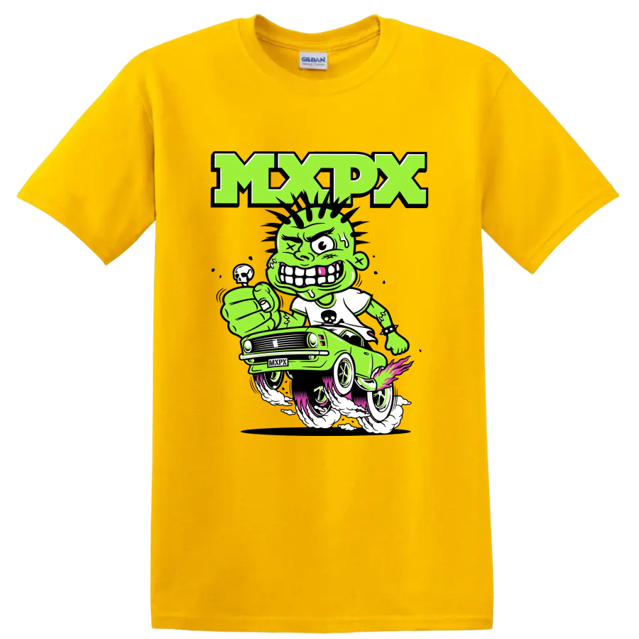MxPx punk rock cartoon car graphic with green character on a Daisy (Yellow) T Shirt