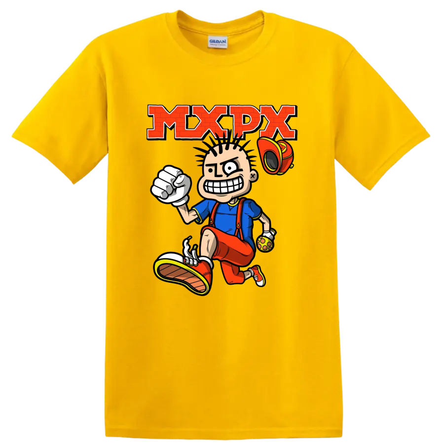 MxPx punk rock cartoon skateboarder graphic with bold red lettering on a Daisy (Yellow) T Shirt