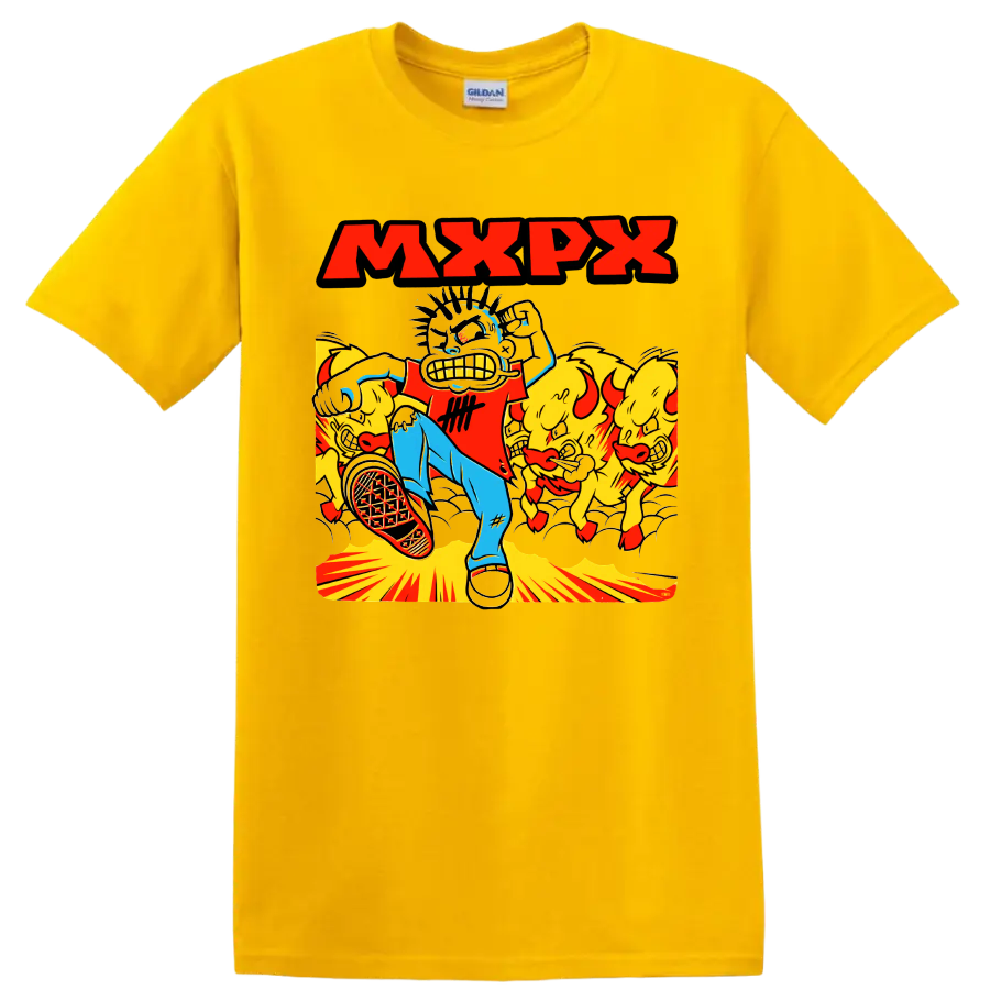 MxPx cartoon skateboarder and yellow creatures punk rock graphic on a Daisy (Yellow) T Shirt