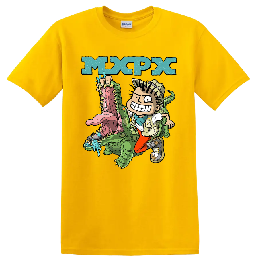 MxPx cartoon punk rock design with character riding a green crocodile on a Daisy (Yellow) T Shirt