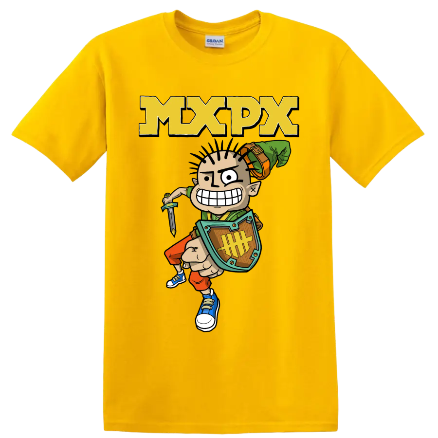 MxPx cartoon warrior punk rock graphic with bold MXPX lettering on a Daisy (Yellow) T Shirt