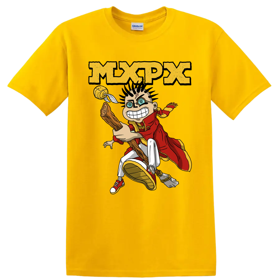 MxPx punk rock cartoon character graphic with distressed logo on a Daisy (Yellow) T Shirt