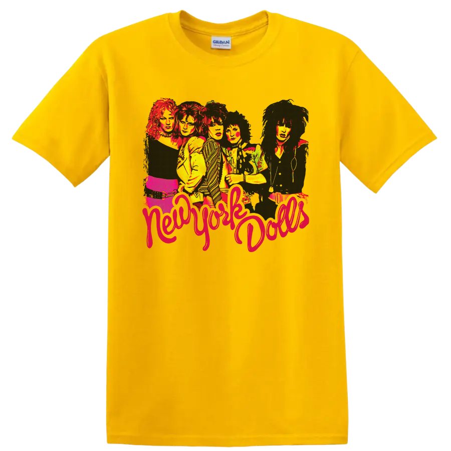 New York Dolls punk rock band graphic with bold red script lettering on a Daisy (Yellow) T Shirt
