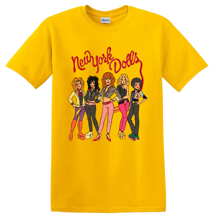 New York Dolls illustrated punk rock band graphic with red script lettering on a Daisy (Yellow) T Shirt