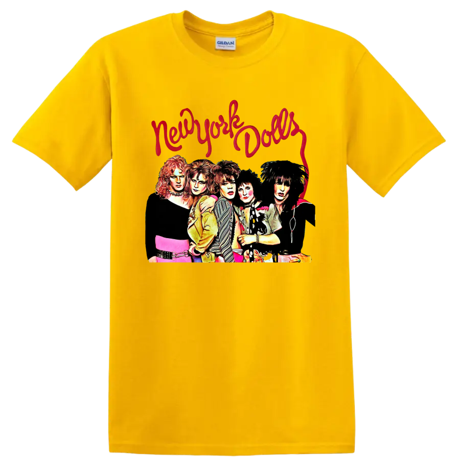 New York Dolls punk rock group portrait with red script lettering on a Daisy (Yellow) T Shirt