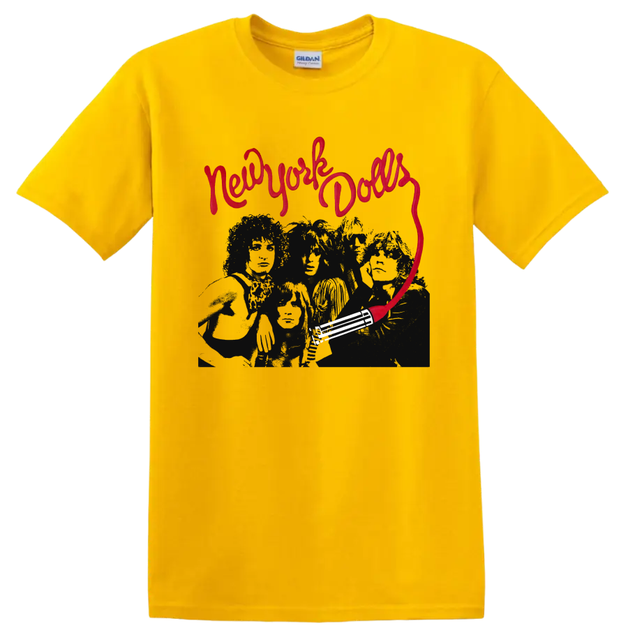 New York Dolls red script punk rock graphic with dark band portrait on a Daisy (Yellow) T Shirt