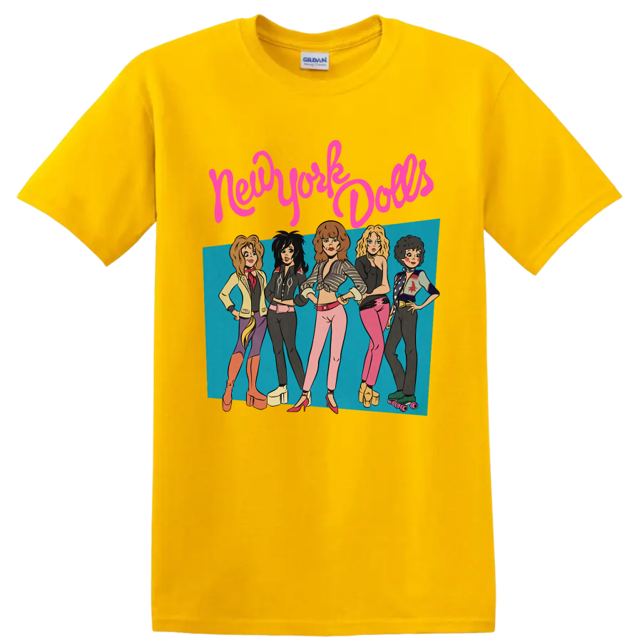 New York Dolls punk rock band graphic with five performers and pink lettering on a Daisy (Yellow) T Shirt