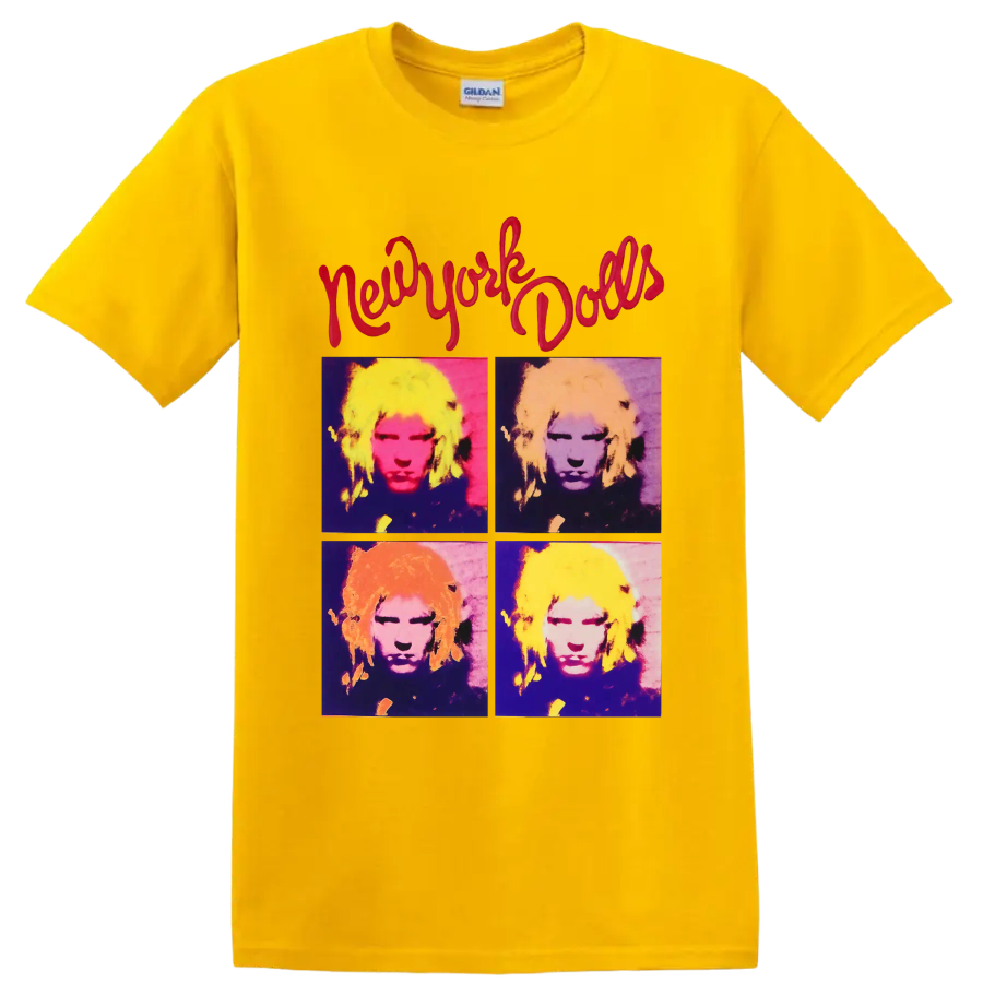 New York Dolls four-panel pop art portrait with red script lettering on a Daisy (Yellow) T Shirt