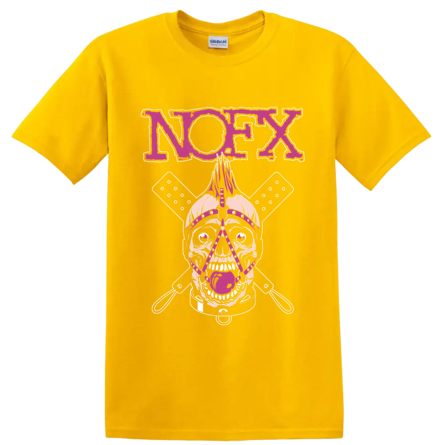 NOFX punk rock skull graphic with magenta lettering and crossed elements on a Daisy (Yellow) T Shirt