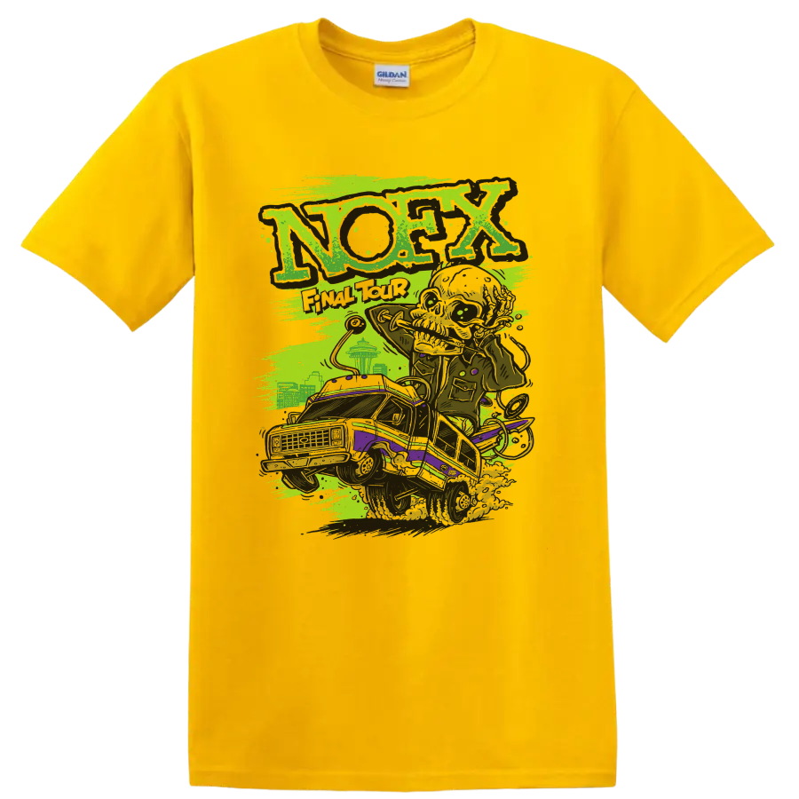 NOFX punk rock lowrider graphic with distressed neon green and purple artwork on a Daisy (Yellow) T Shirt