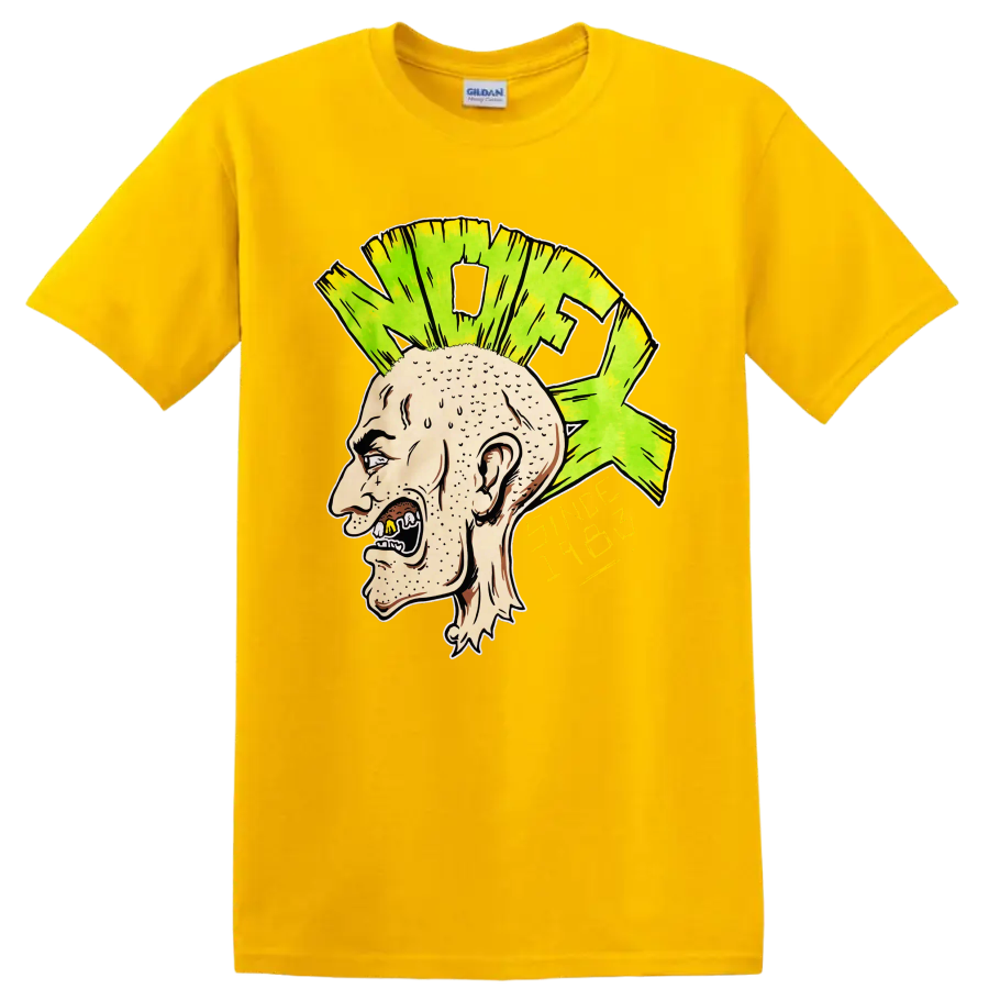 NOFX punk rock illustrated head with bright green mohawk and yellow lettering on a Daisy (Yellow) T Shirt