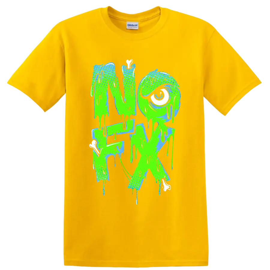 NOFX dripping punk rock band logo in neon green and blue on a Daisy (Yellow) T Shirt
