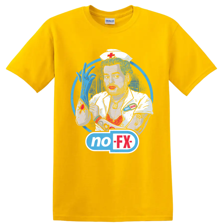NOFX punk rock nurse illustration with blue hair and no-FX graphic on a Daisy (Yellow) T Shirt
