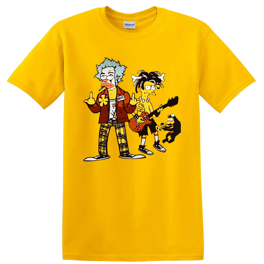 NOFX cartoon punk rock band with guitar and saxophone graphic on a Daisy (Yellow) T Shirt