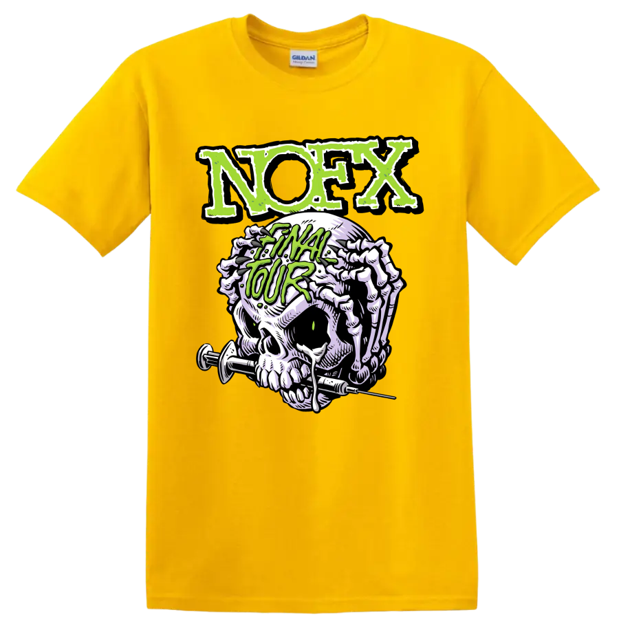 NOFX punk rock skull graphic with distressed green lettering on a Daisy (Yellow) T Shirt