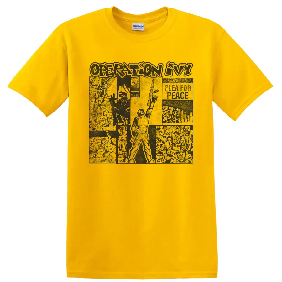 Operation Ivy distressed punk rock collage graphic on a Daisy (Yellow) T Shirt