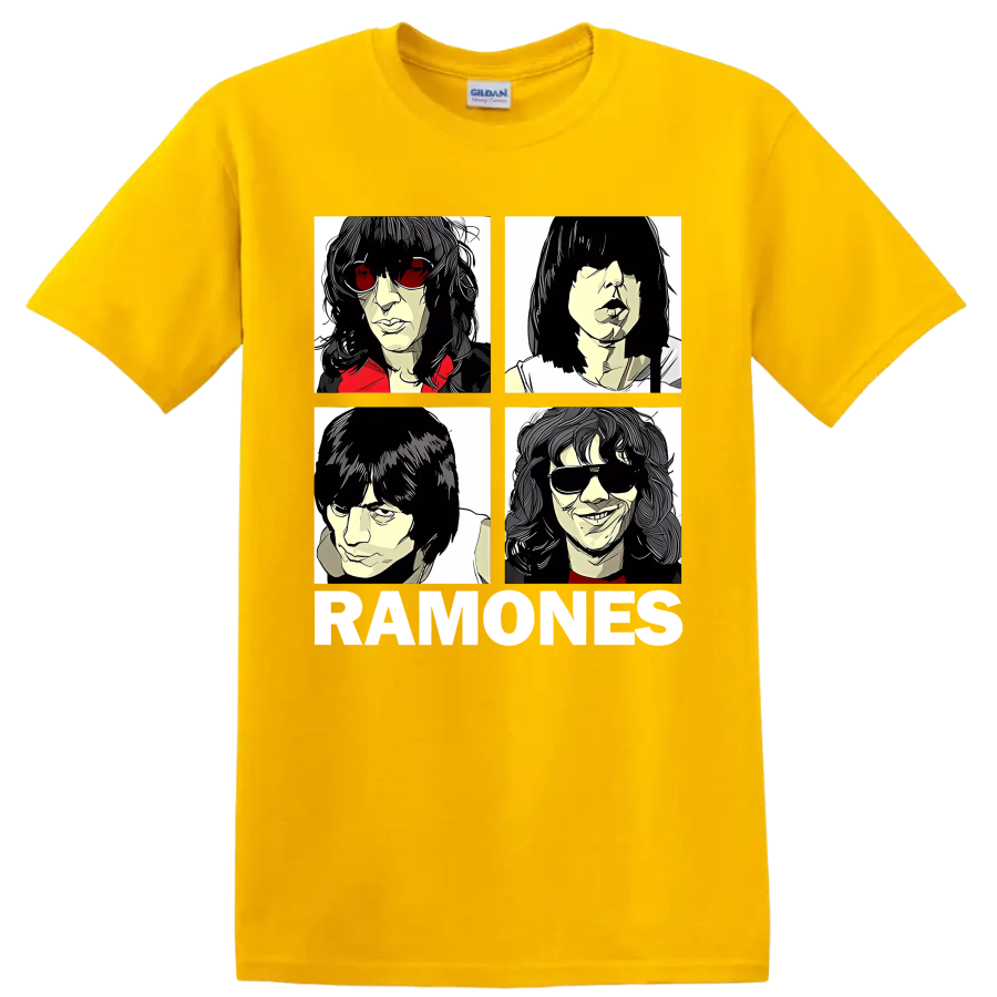 Ramones four-panel punk rock portraits with RAMONES lettering on a Daisy (Yellow) T Shirt