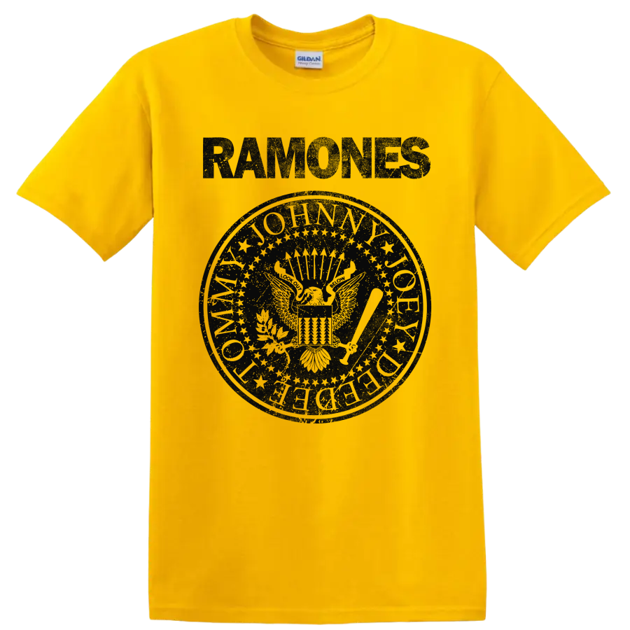 Ramones eagle seal graphic with vintage punk rock lettering on a Daisy (Yellow) T Shirt