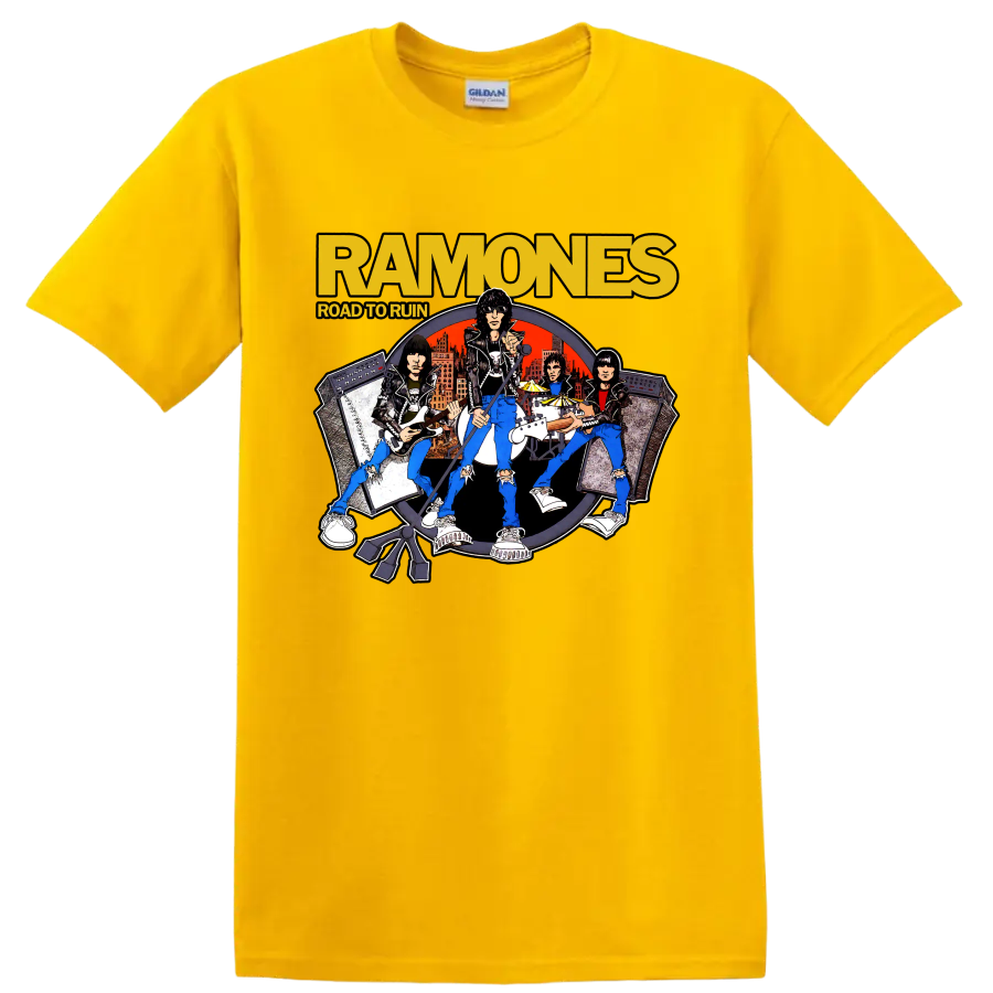 Ramones Road to Ruin illustrated punk rock band graphic print on a Daisy (Yellow) T Shirt