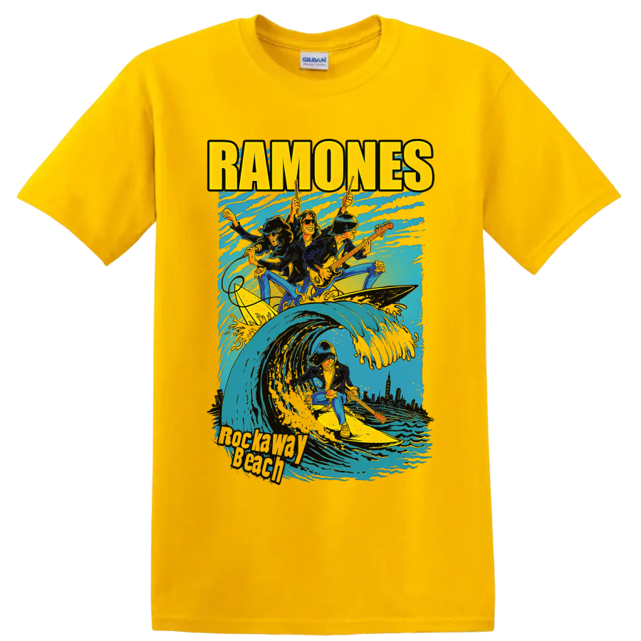 Ramones punk rock band surfing wave graphic with guitars on a Daisy (Yellow) T Shirt