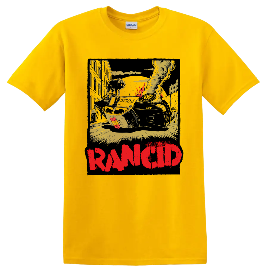 Rancid distressed punk rock graphic with urban wreckage and bold red lettering on a Daisy (Yellow) T Shirt