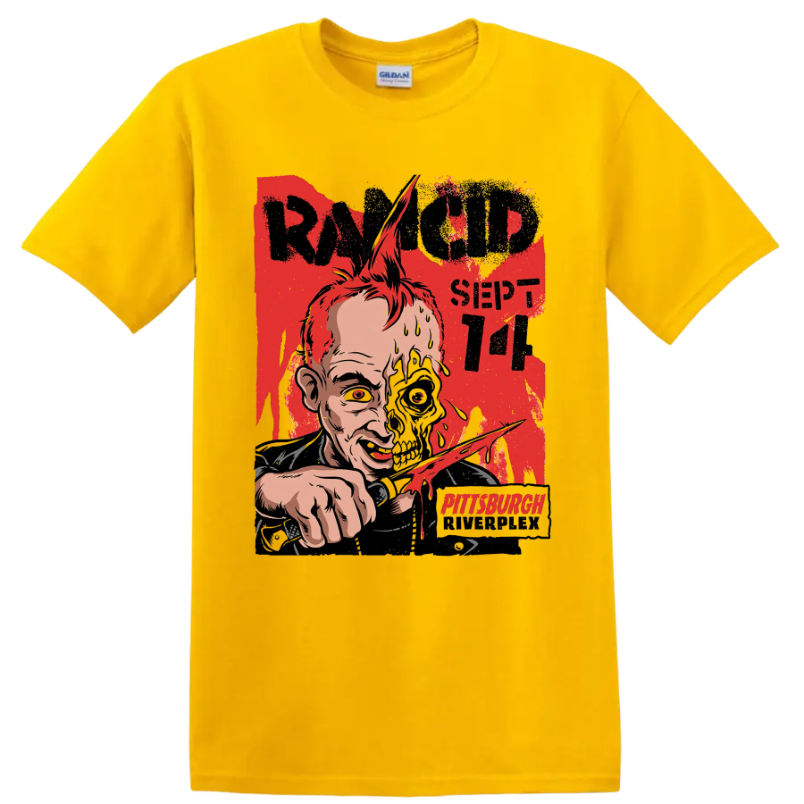 Rancid punk rock distressed half-skull artwork with Pittsburgh lettering on a Daisy (Yellow) T Shirt