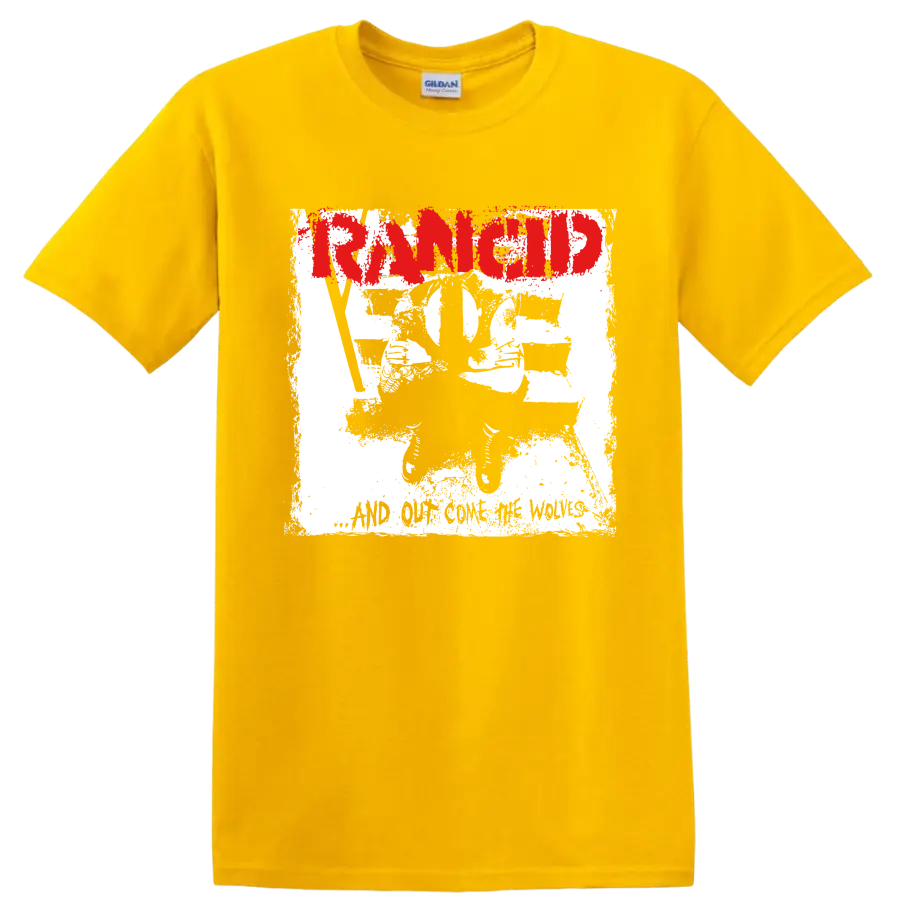 Distressed red Rancid logo with black and white punk artwork on a Daisy (Yellow) T Shirt