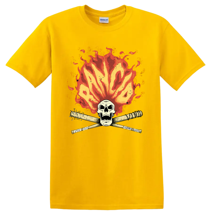 Rancid punk rock skull with crossed bats and distressed flames on a Daisy (Yellow) T Shirt
