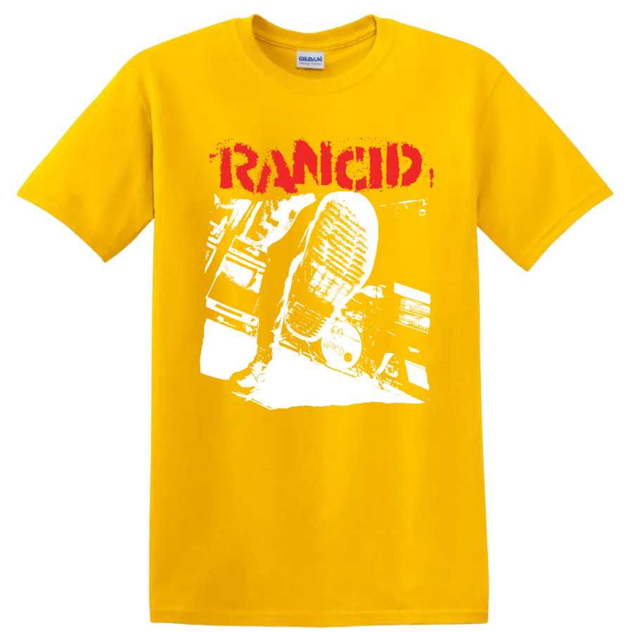 Rancid distressed red logo with bold monochrome punk rock artwork on a Daisy (Yellow) T Shirt