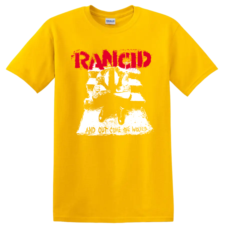 Rancid punk rock graphic with distressed red lettering and white illustration on a Daisy (Yellow) T Shirt
