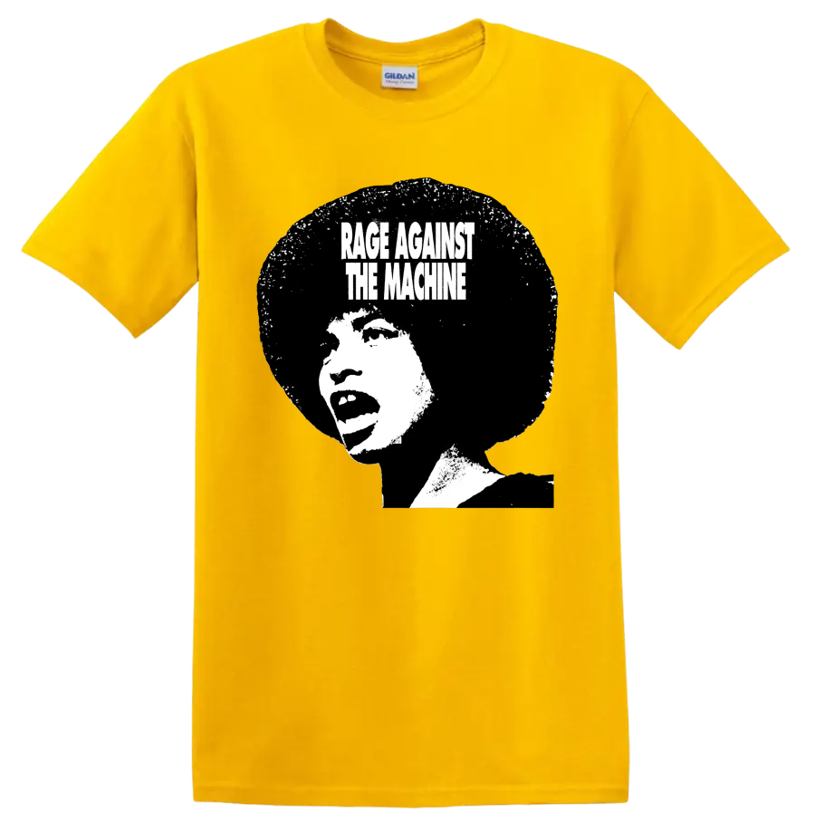 Rage Against the Machine distressed black and white portrait graphic on a Daisy (Yellow) T Shirt