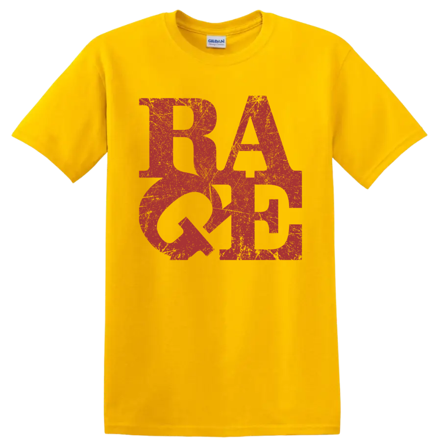 Distressed red RATM logo graphic print on a Daisy (Yellow) T Shirt