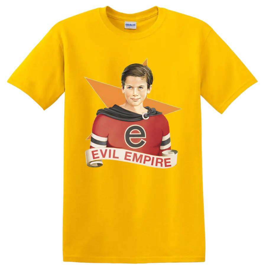 Rage Against the Machine Evil Empire vintage comic-style superhero graphic on a Daisy (Yellow) T Shirt