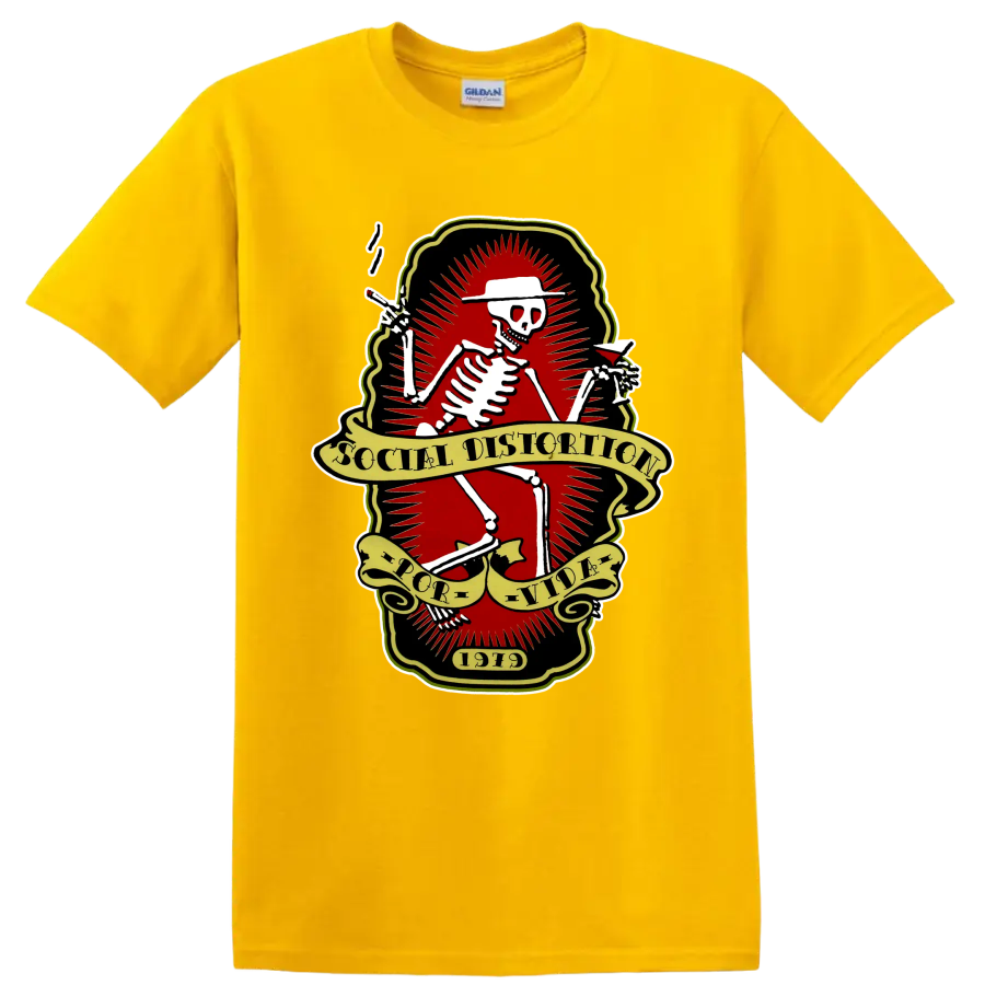 Social Distortion skeleton punk rock band logo with vintage banners on a Daisy (Yellow) T Shirt
