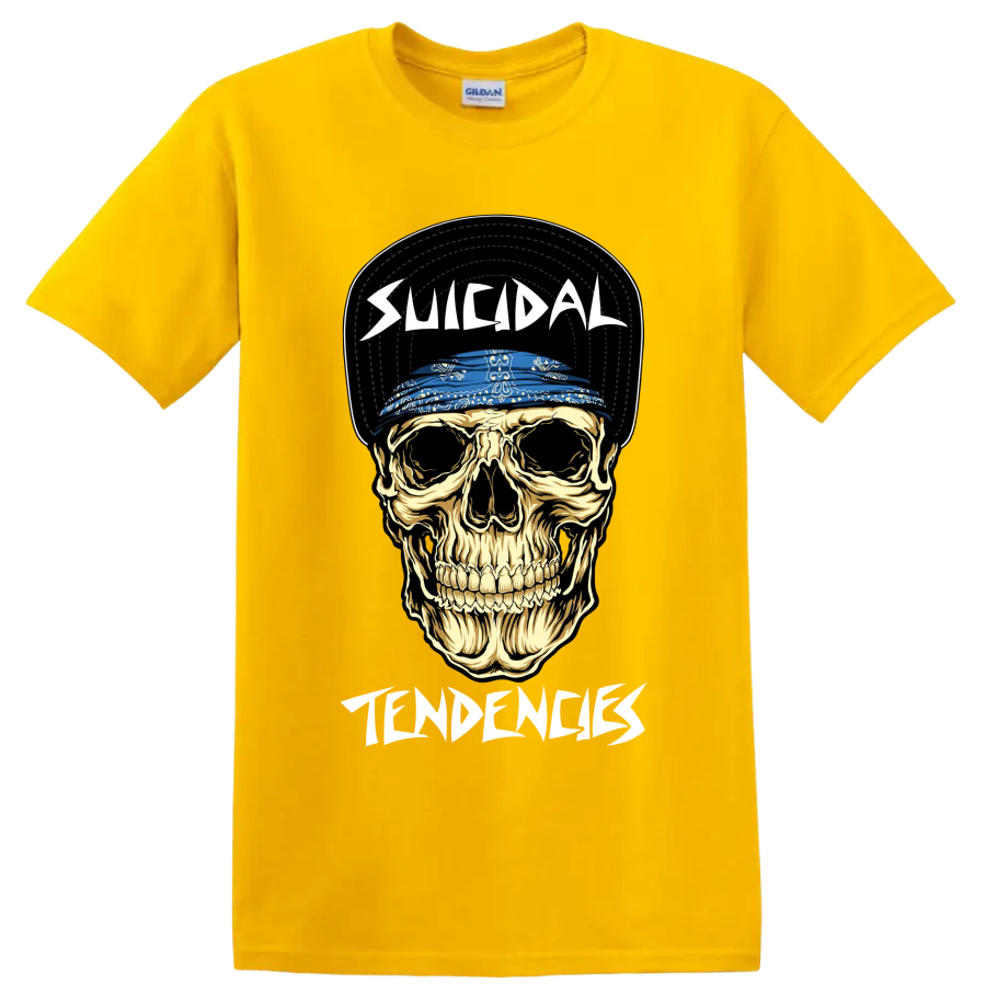 Suicidal Tendencies skull graphic with blue bandana and bold lettering on a Daisy (Yellow) T Shirt