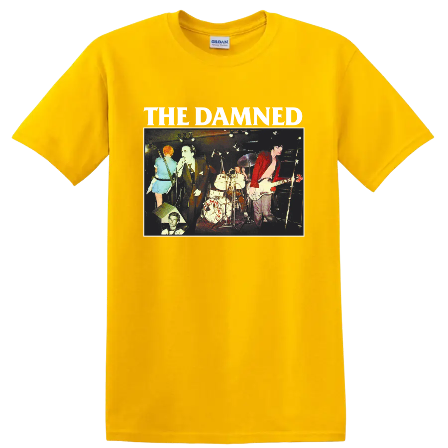 The Damned vintage punk rock live concert graphic with band lettering on a Daisy (Yellow) T Shirt