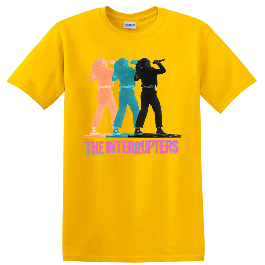 The Interrupters punk rock band graphic with three distressed performer silhouettes on a Daisy (Yellow) T Shirt