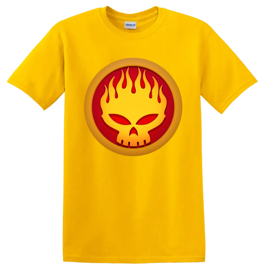 The Offspring flaming face punk rock logo graphic on a Daisy (Yellow) T Shirt