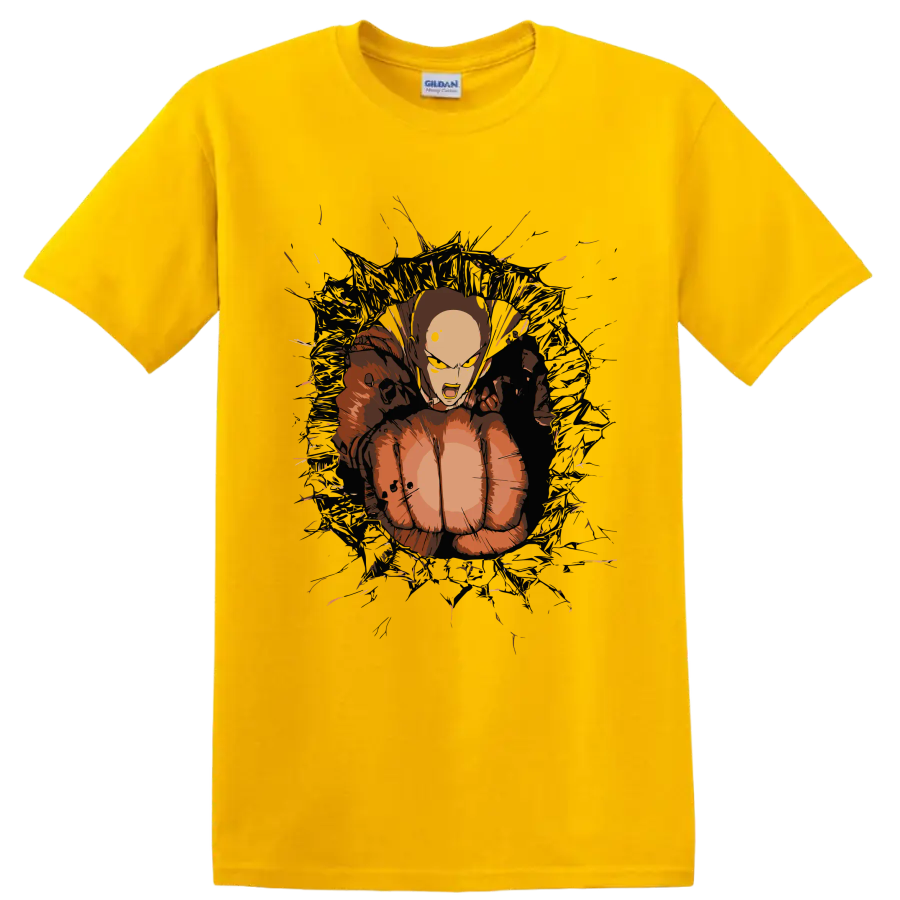 Saitama in a distressed anime action graphic from One-Punch Man on a Daisy (Yellow) T Shirt