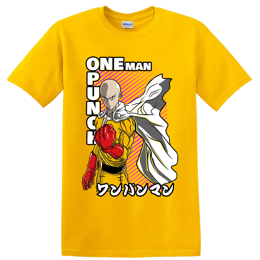 Saitama One-Punch Man action graphic with red glove, flowing cape, and magenta stripes on a Daisy (Yellow) T Shirt