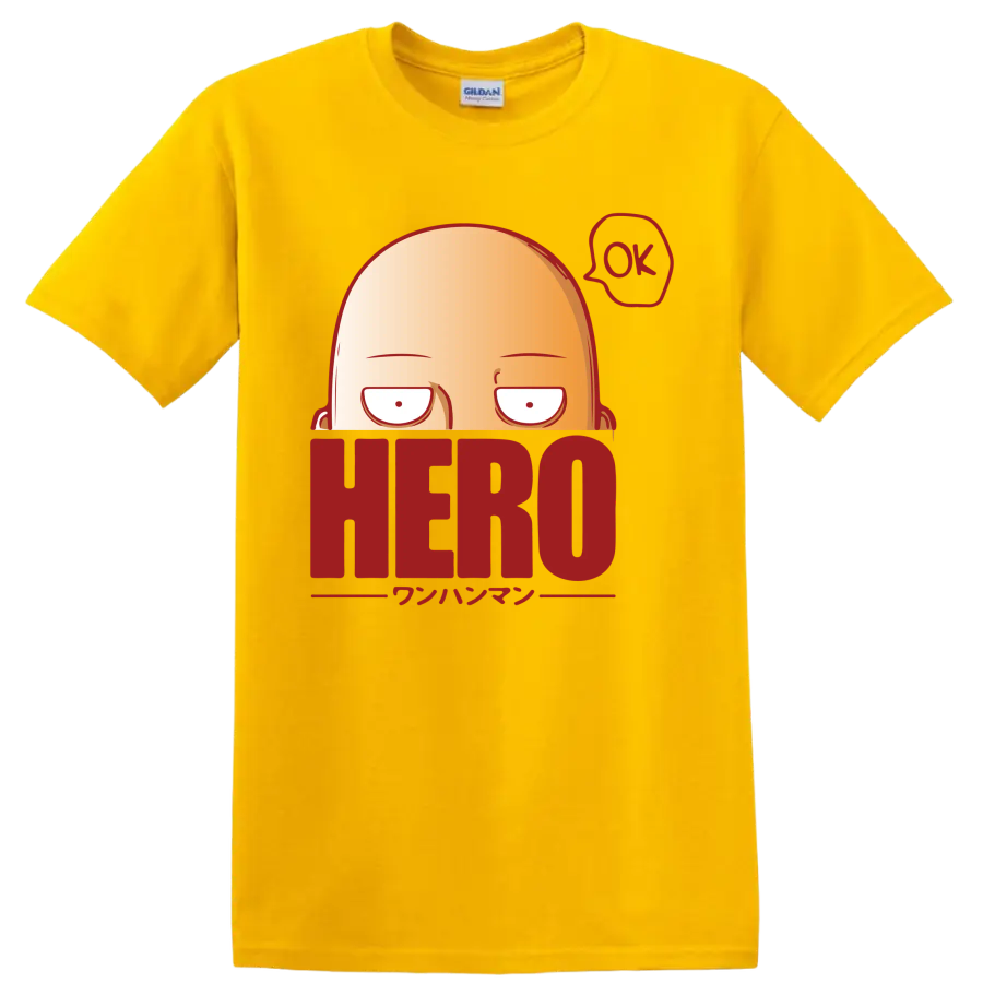 Saitama peeking over HERO lettering in a bold One-Punch Man cartoon graphic on a Daisy (Yellow) T Shirt